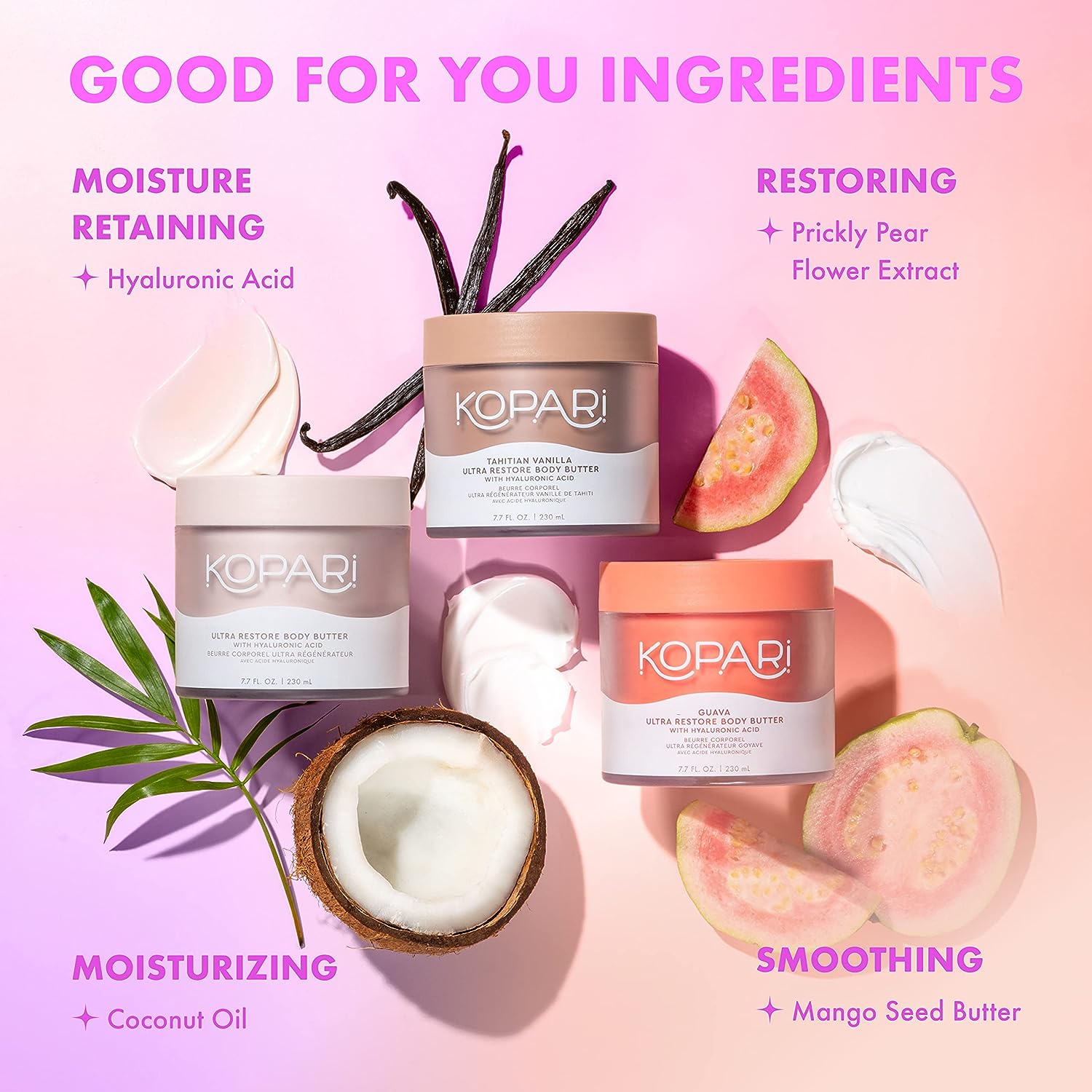 Kopari Guava Ultra Body Butter | Hyaluronic Acid, Antioxidants, Omegas Sweet Tropical Guava Scent | Vegan and Cruelty Free | 7.7 Ozand 